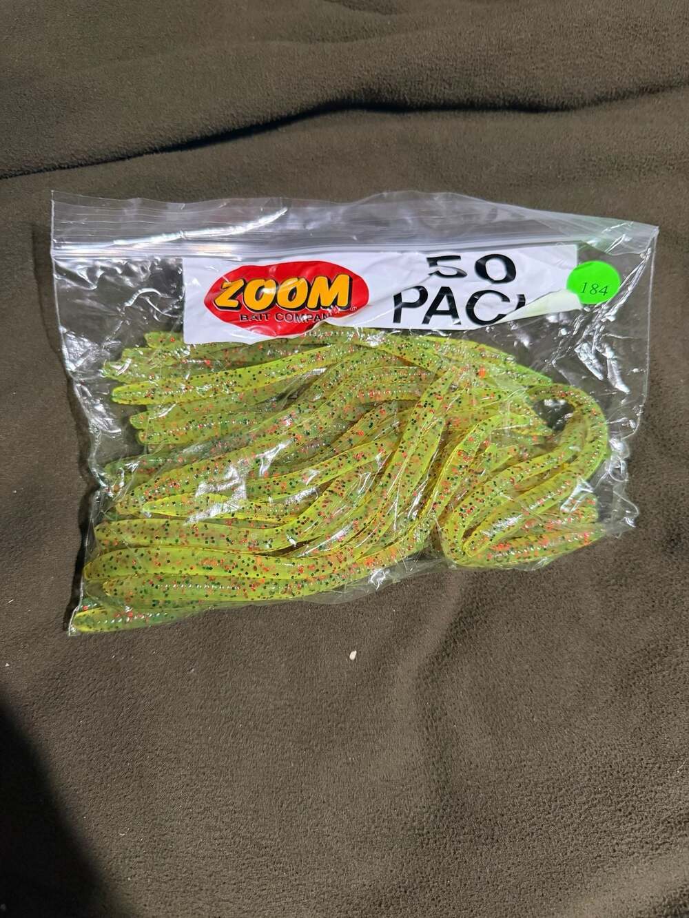 Zoom Bait 50 Pack Soft Plastic Fishing Worms Chartreuse Red Flake